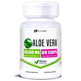 Healthfare Aloe Vera Capsules 40,000mg | 60 Vegan Capsules | Aloe Vera Extract Supplement | Non-GMO & Gluten-Free | Made in USA
