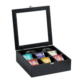 Relaxdays Wooden Tea Box, 7 Compartments, 100 Teabags, Hinged Lid, Flavour-Preserving, 8 x 25 x 25.5 cm, Black