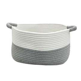 Fhiny Cotton Rope Dog Toy Basket with Handle Puppy Toys Storage Bin Small Woven Rectangle Diapers Pet Kitty Bed Perfect for Carry Pet Chew Toys Blankets Leashes Doggie Stuff - White and Grey (M)