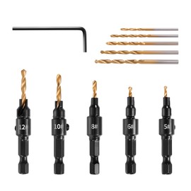Litorange Pack of 5 Electrophoresis Black Drill Bits with Countersink for Wood, Wood Drill with 5 Titanium-Coated Hardened HSS Twist Drills, 1/4 Inch Hex Shank Quick Change Countersunk Drill Bits