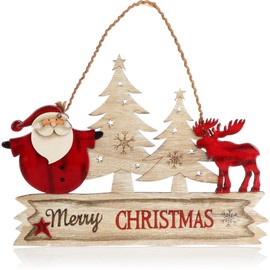 com-four® hanging Christmas decoration, wooden hanger lettering with Santa Claus and elk, Christmas door sign made of wood for door, window or wall