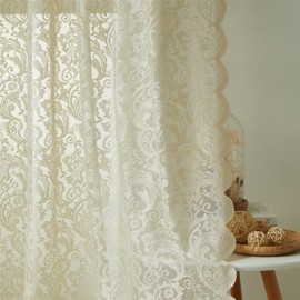 Bujasso Beige Sheer Lace Curtains 54 inch Farmhouse Short Curtain Panels for Kitchen Living Room Bedroom Elegant Light Filtering Beige Drapes Window Treatment Sets Rod Pocket 2 Panels 54" Wx54 L