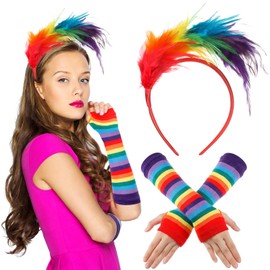 BBTO Pack of 2 Gay Pride, 1920s Flapper Accessory Set, Colourful Feather Headband Gloves Set, Rainbow Fascinator and Long Gloves for Pride Parade, Prom, Fancy Dress (Rainbow, Light Style)