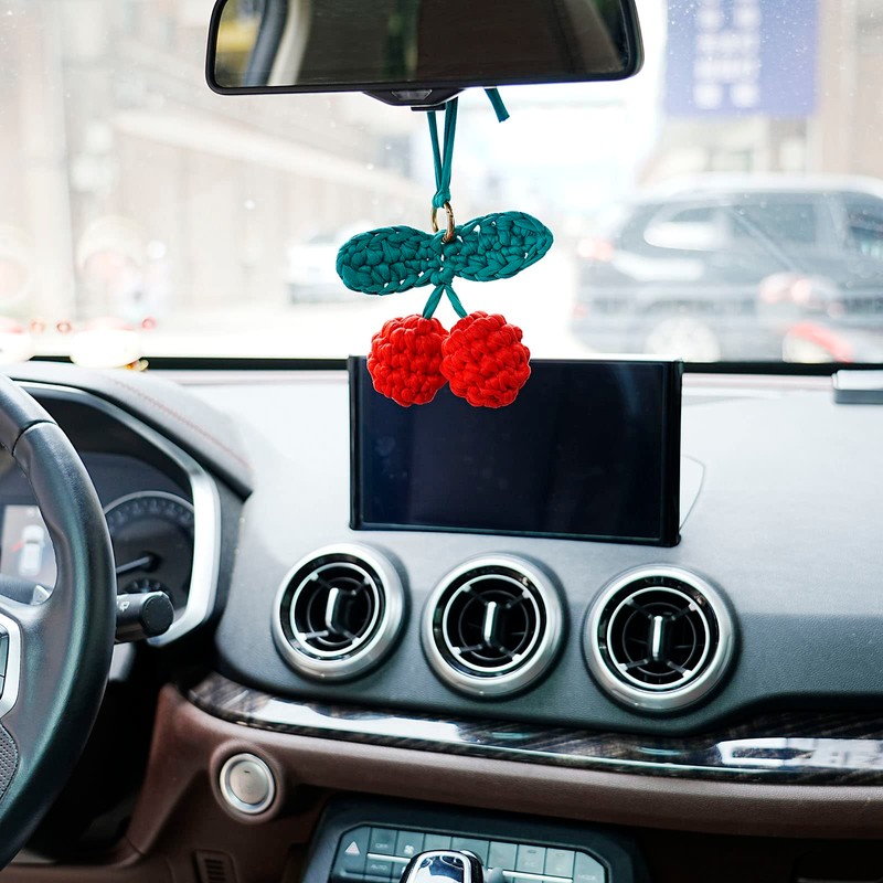 AMIORO Hand Knitted Cherry Pendant Hanging Ornament for Car Rear