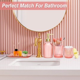 Jenseits Pink Bathroom Accessories Set, 4 Pcs Glass Bathroom Accessory Sets, Soap Dispenser, Toothbrush Holder, Qtip Holder, Vanity Tray, Housewarming Dorm Apartment Decor Home Essentials Gift For Her