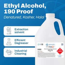 Lab Alley Ethanol 190 Proof Denatured Alcohol, High Purity Solvent, Kosher & Halal Certified, 4 Liters (Pack of 4 x 1 Liter Bottles)