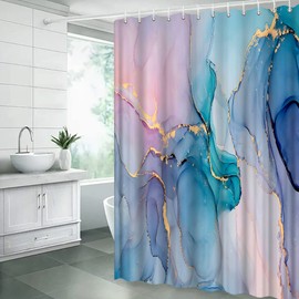 ZNLSU Teal Pink Marble Shower Curtain Modern Abstract Teal Marble Texture Gold Stripes Elegant Luxury Fabric Decor Bathroom Curtain Set with Hooks