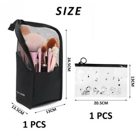Makeup Brush Bag, Waterproof Vertical Zipper Storage Box Travel Wash Bag Multifunctional Pencil Case with 1 Piece Zipper Storage Bag (Black), black, Cosmetic bag