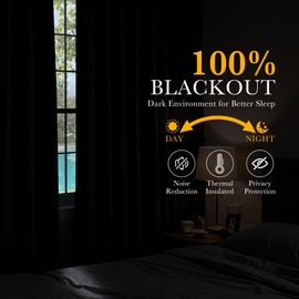 PONY DANCE 100% Black Blackout Curtains 84 inch Long, Thermal Insulated Room Darkening Curtains for Bedroom, Full Light Blocking Living Room Drapes with Black Back,52 x 84 Inch,Jet-Black,2 Panels