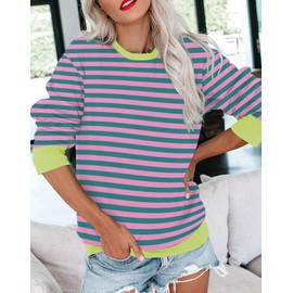 BeadChica Womens Casual Round Neck Sweatshirt Long Sleeve Tops Cute Pullover Loose Fit-Stripe-S
