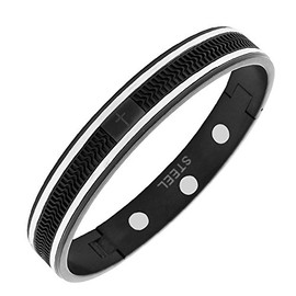 My Daily Styles Stainless Steel Black Silver-Tone Rubber Silicone Classic Oval Men's Bracelet