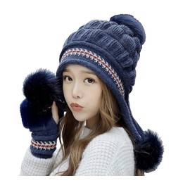 Roll Up Women's Girls Cute Winter Cozy Earflap Knitted Pom Pom Ski Cap Hat Beanies with matching Glove Mitten Set (Blue)