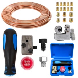 Taipintee 4.75 mm Universal Flaring Tools for Brake Line Set, Durable and Portable, with 4.76 mm Diameter 7.62 m Brake Line, 16 Gold Fittings 25 FT and 1 Copper Pipe Cutter (Golden Yellow + Blue)