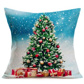 Fukeen Set of 4 Merry Christmas Decorative Pillow Covers Red Green Jingle Bells Xmas Tree Gifts Star Snow Throw Pillow Cases Winter Festival Holiday Farmhouse Decor Cushion Cover Cotton Linen 18"x18"