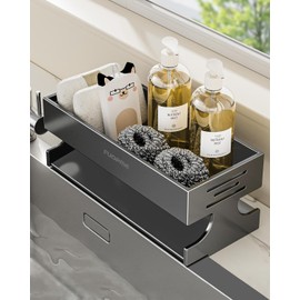 FUOPME Sponge Holder for Kitchen Sink - Rustproof Carbon Steel Sink Caddy Organizer with Auto-Drain, Dish Sponge & Soap Dispenser Rack for Kitchen Countertop Storage, Grey