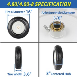 GICOOL 16" Flat-Free Solid Tire and Wheel, 4.80/4.00-8" Wheelbarrow Tire, 3-6" Centered Hub, 5/8" & 3/4" Bearing, For Broadcast Spreader Garden Wagon Cart Trolley Dolly Lawn Mover (1 Pack)
