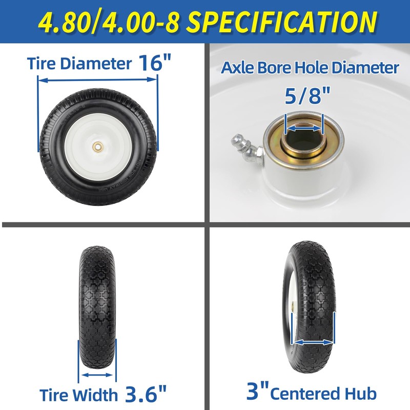 GICOOL 16" Flat-Free Solid Tire and Wheel, 4.80/4.00-8" Wheelbarrow Tire,