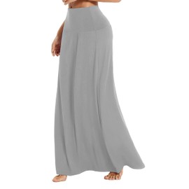 EXCHIC Women's Bohemian Style Print/Solid Elastic Waist Long Maxi Skirt (S, Light Gray)
