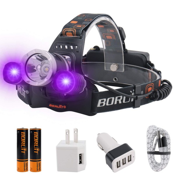 RJ3000 BORUIT LED Black Light Headlamp - Super Bright 5000 Lumens 3 Lighting Modes IPX4 Waterproof Head Lamp USB Rechargeable Head Light for Adults Outdoor Fishing Camping Hunting