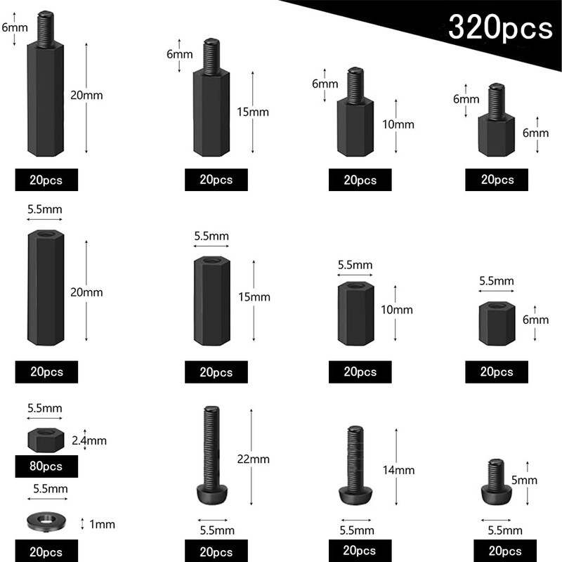 M3 Screw Nut Assortment Kit, Set of 320 Nylon Screw