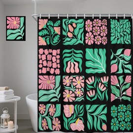 JAWO - Cortina de ducha floral rosa verde para baño, cortinas de ducha retro bohemias florales decoración para mujeres y niñas, juego de cortinas de ducha con diseño geométrico botánico clásico con
