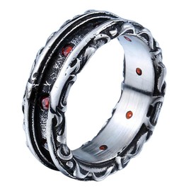 PAMTIER Mens Stainless Steel Red Cubic Zirconia Rings Retro Flower Carved Biker Band Silver Black Size Z