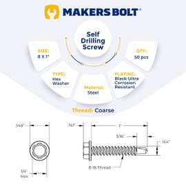 #8 x 1 in. Black Exterior Self Drilling Screws, Hex Washer Head (50 pcs) by Makers Bolt