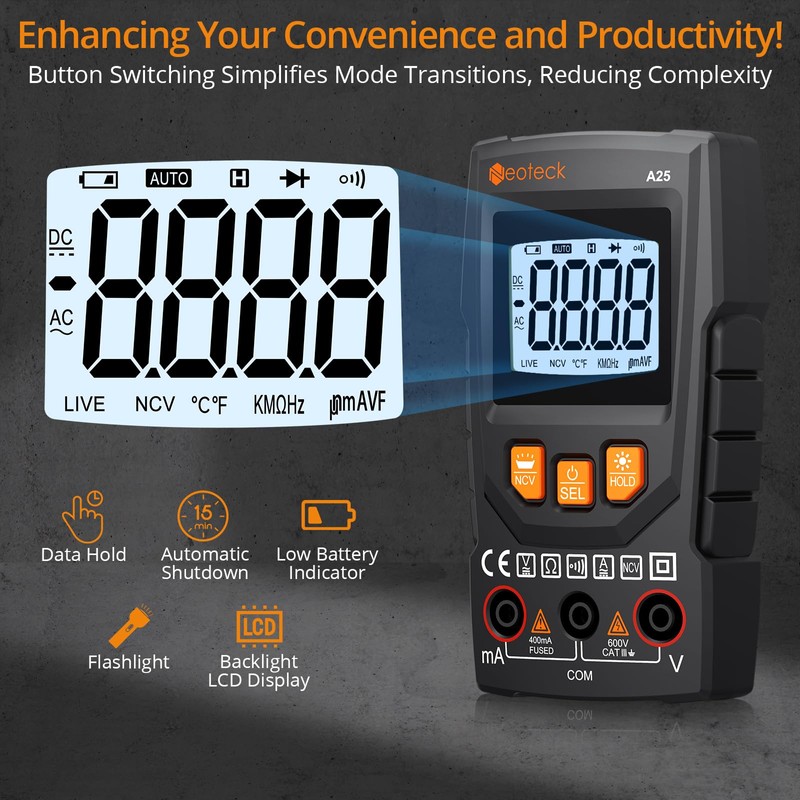 Neoteck Digital Multimeter 4000 Counts Smart Multimeter Auto-Ranging Voltage Tester
