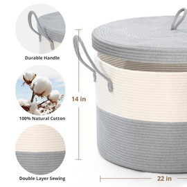 Noonkty XXL Cotton Rope Basket with Lid, Grey, 21.7" x 13.8" Square, Modern, Living Room, Bedroom, Nursery Storage