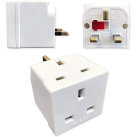 Two Way UK Mains Plug Adapter/Insulated Shrouded Pin / 13 Amp Fused Double Block Socket Splitter / 250V ac 13A - Complies With BS 1362