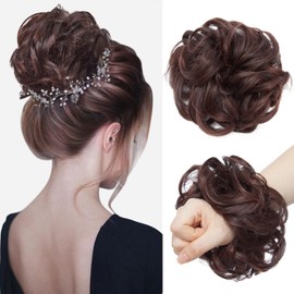 Hairro Messy Hair Bun Extensions Hair Piece Curly Wavy Scrunchies Synthetic Chignon with Elastic Rubber Band Ponytail Hairpiece for Women Hair Updo Donut for New Year Birthday Party Natural Black Mix Dark Auburn 25g/pc 1pc