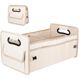 JiatuA Car Trunk Organizer, Car Organizers and Storage Collapsible Multi Compartment Container Box, Adjustable Car Accessories for SUV Sedan Truck, Large Size, Beige