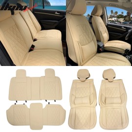 Universal Beige PU Leather Car Seat Covers w/ Lumbar 04B Style 5-Seat Full Set