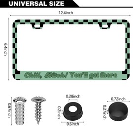 2Pcs Chill ! You'll Get There License Plate Frames Cover Holders Stainless Steel Cute Funny Green Aesthetic Checkered Print Retro Funny License Plate Cover with Screw Caps Cover Set - 2-Hole