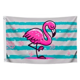 3x5 Feet Pink Flamingo Flag with Two Brass Grommets - Banner Tropical Bird Flower Stripe Flags - Big Flag Outdoor Indoor - Summer Holiday Yard Decoration - Polyester Yard Banner in Flamingo