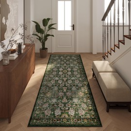 2x6 Dark Green Hallway Runner Rugs for Kitchen Washable Rug Runners Non Slip Long Runner Rugs Low Pile 6ft Soft Boho Carpet Runner for Hallways, Kitchen, Bedroom, Entryway