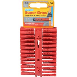 AMK® Plasplugs Red Super Grips Fixings 100 Pack For Concrete & Brick Drill Size 6mm Screws 3.5-5.5mm