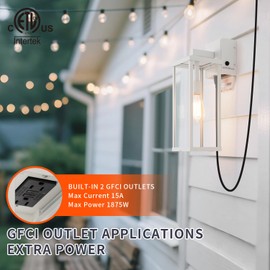 mirrea 18" Classic Outdoor Wall Sconce with Built-in GFCI Outlet 1 Light in Matte White Rectangular Metal Frame and Clear Glass Shade Waterproof Porch Light Patio Light