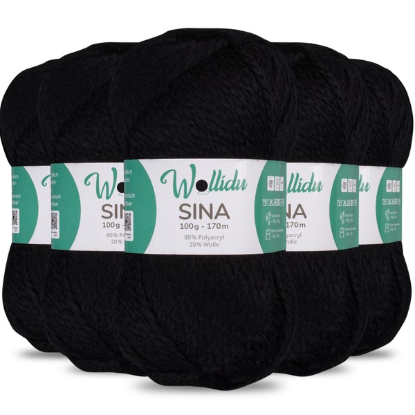 Wollidu Sina Wool for Knitting and Crocheting, 500 g, Premium Knitting Wool/Crochet Wool Set, Oeko-Tex Certified, 5 x 100 g/170 m, 80% Polyacrylic, 20% Sheep's Wool, Mulesing-Free, Black