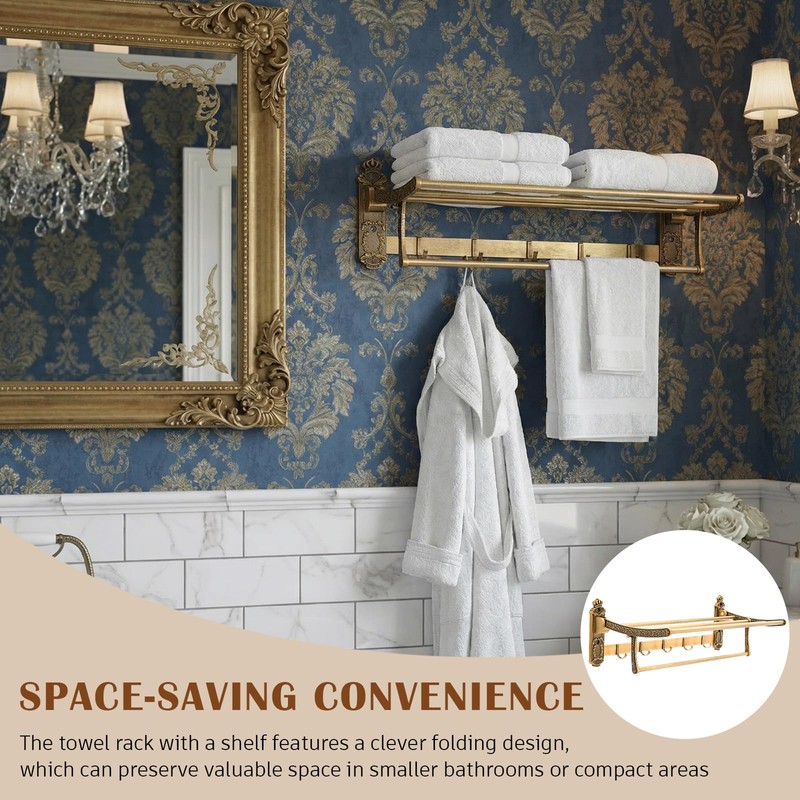 Otoolling Brass Foldable Towel Rack with Hooks, Foldable Wall Mounted