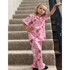 Arshiner Pajamas for Girls Short Sleeve Long Pants Outfit 2 Piece Sleepwear Button Pjs Sets Pink 5-6 Years