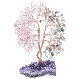 rockcloud Crystal Money Tree with Amethyst Base, Intertwined Tree of Life Decor Copper Wire Ornament for Home Office Table, Fluorite & Rose Quartz