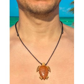 BlueRica Hand Carved Wood Sea Turtle on Adjustable Black Cord Necklace, Black waxed cotton