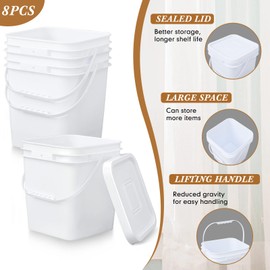 Mumufy 8 Pcs 3.5 Gallon Square Food Grade Bucket Square Bucket with Lid Food Square Grade Bucket Pail with Plastic Handle and Lid Square Buckets for Storing Dry Food Charcoal Camping Fishing (White)