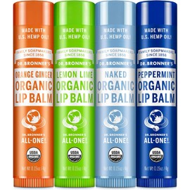 Dr. Bronner's | Bálsamo labial orgánico, pack surtido con 4 aromas (Sin Aroma, Menta, Lima Limón, Naranja Jengibre), 4 g c/u