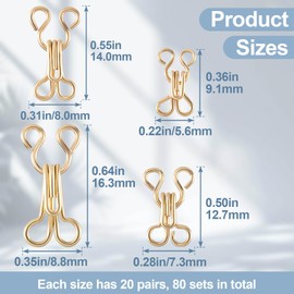 DC,CLISENCE 80 Pairs Sewing Hooks and Eyes Closure, 4 Sizes Gold Metal Clasps for Clothing, Detachable Bra Snap Hook Replacement for Shirts, Jeans, DIY Crafts - 9/12/14/16 mm