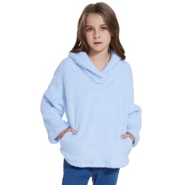 Fdqin Fleece Hoodies For Girls 10-12 Sherpa Fuzzy Pullover Sweatshirt Casual Loose Pullover Tops Sky Blue 11-12 Years