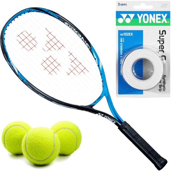 Yonex EZONE Bright Blue 25 Inch Junior Tennis Racquet Starter Set or Kit for Boys Bundled with a 3-Pack of White Super GRAP Overgrips and a Can of Tennis Balls