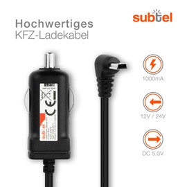 subtel® KFZ Ladegerät 1.1m 1A kompatibel mit Garmin Edge, Drive, DriveAssist, DriveSmart, Nüvi, Oregon, eTrex, GPSMAP 5V Mini-USB 90° Ladekabel KFZ Netzteil Autolader 24V 12V 90° abgewinkelter Stecker