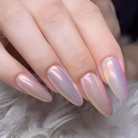 Medium Press on Nails Aurora Almond Fake Nails Chrome False Nails with Soft Gel Glue on Nails Purple Pink Sparkly Acrylic Nails Full Cover Glossy Nails Decorations